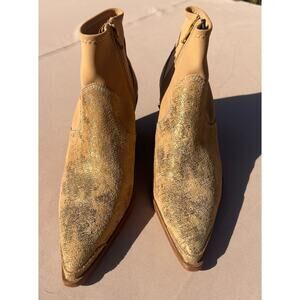 Free People Jackson West Gold Leather Western
 Flair Block Heel Ankle Boot Sz 37